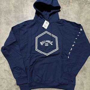 NWT Billabong Mens Pullover Hoodie Navy Blue Graphic Spell out White